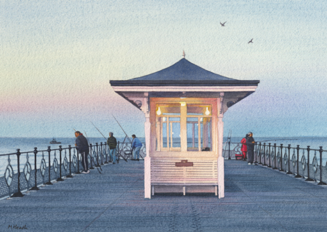 A painting of Swanage Pier at twilight by Margaret Heath.